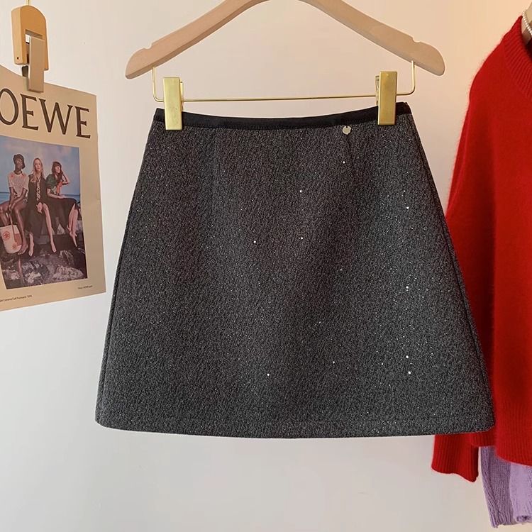 秋冬新款小香风黑色亮闪闪半身裙女灰色洋气A字高级感毛呢短裙子