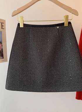 秋冬新款小香风黑色亮闪闪半身裙女灰色洋气A字高级感毛呢短裙子