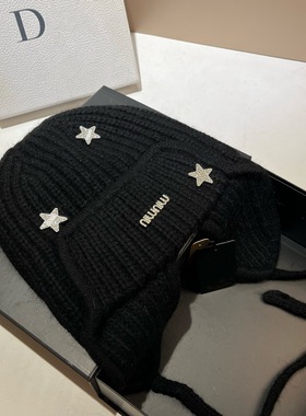 小星星水钻min字母兔毛护耳帽毛线帽冬季保暖加绒针织帽女亲子款