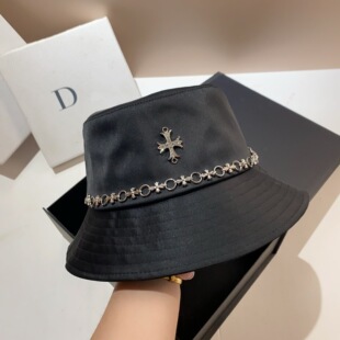 潮牌手工十字链条渔夫帽女时尚 休闲绸锻水桶帽男 巴黎黑色盆帽秋季