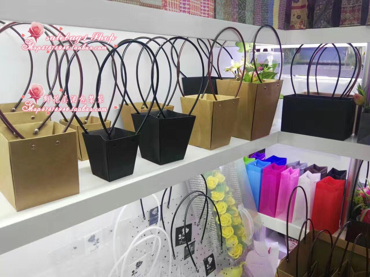 新品黑卡纸防水花篮牛皮纸梯形插花袋多肉植物手提袋花艺礼品袋