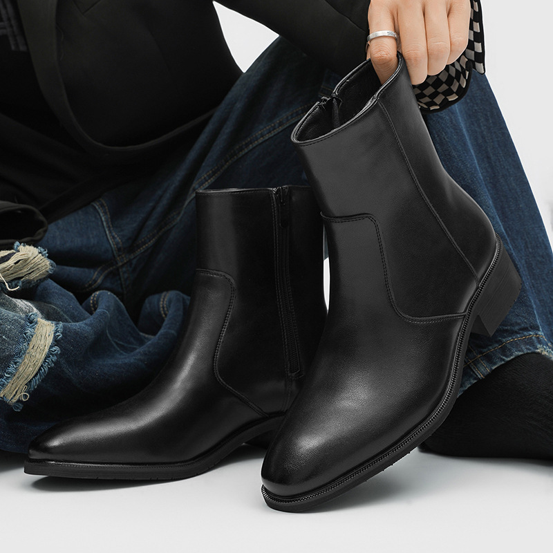 A258-QL931137-P138英伦复古经典马丁靴高帮粗跟黑色个性切尔西靴，男鞋切尔西靴，电商A258