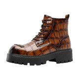 A258-QL53242-P132英伦风皮靴厚底高帮马丁靴圆头系带压纹潮靴，男鞋马丁靴，电商A258