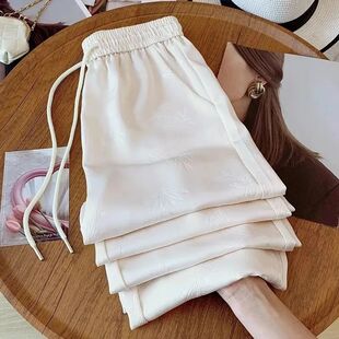 子胖MM大码 薄款 新中式 女夏季 高腰宽松显 缎面提花阔腿裤 夏天薄裤