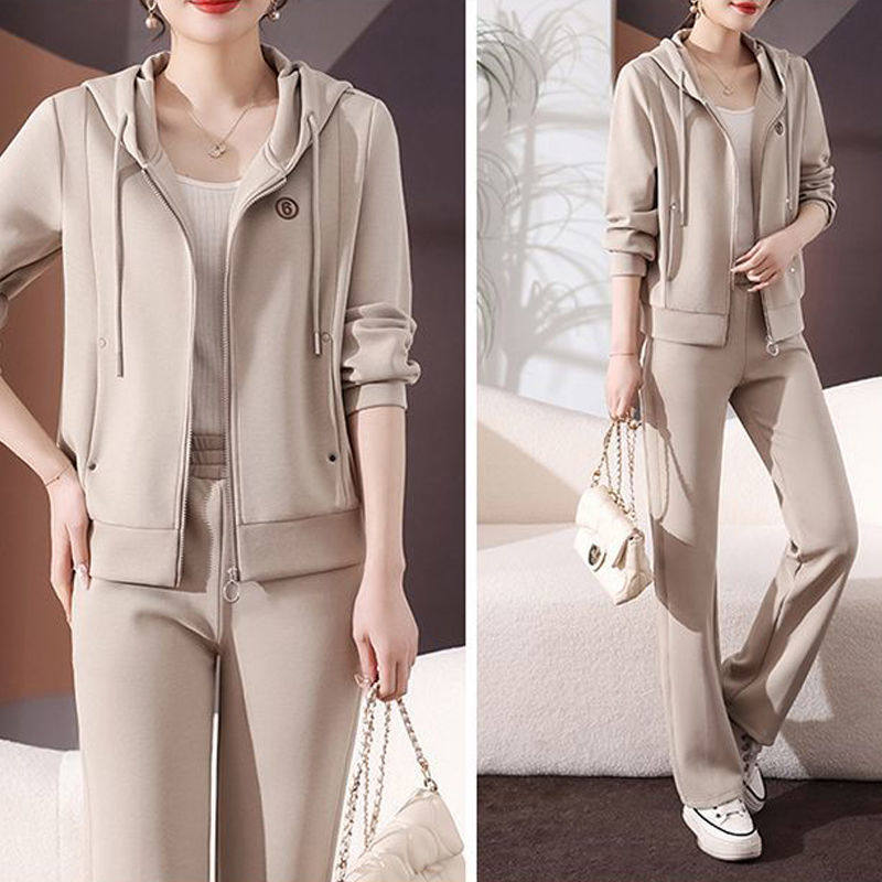 连帽春秋时尚女士新款拉链卫衣两件套休闲运动服套装女士2025春秋