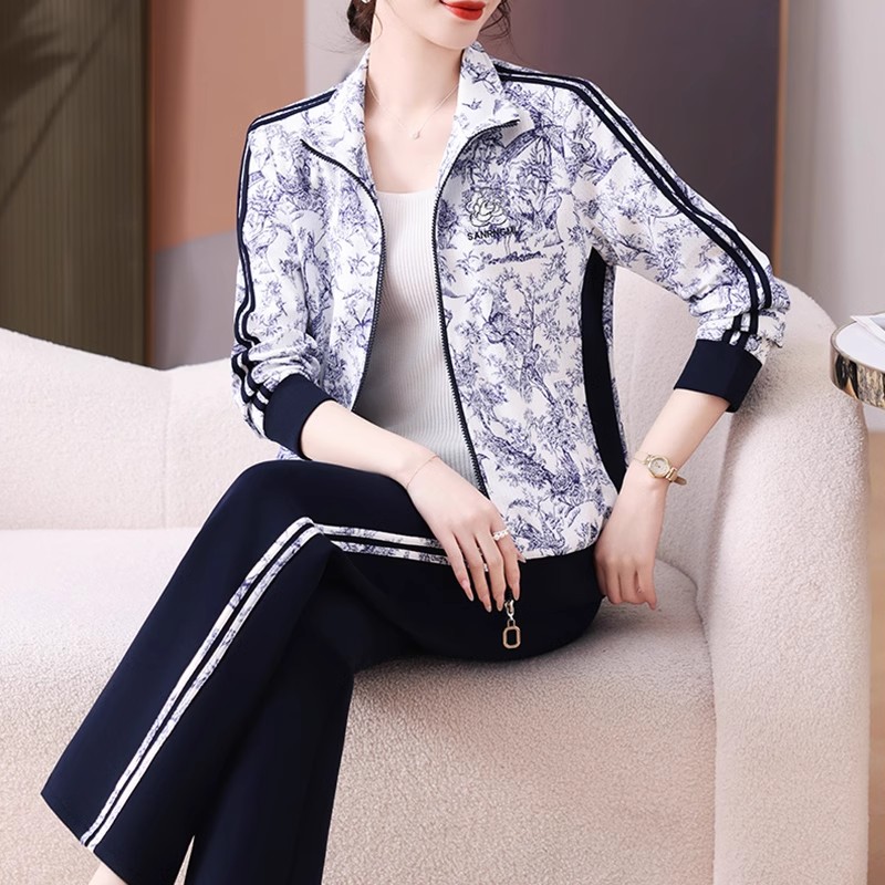 大码中年妈妈春装印花外套2025新款运动服套装女春秋两件套气质