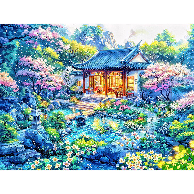 新款DIY方钻满钻沾贴钻点钻钻石画钻石绣带钻古建筑花园夏天风景