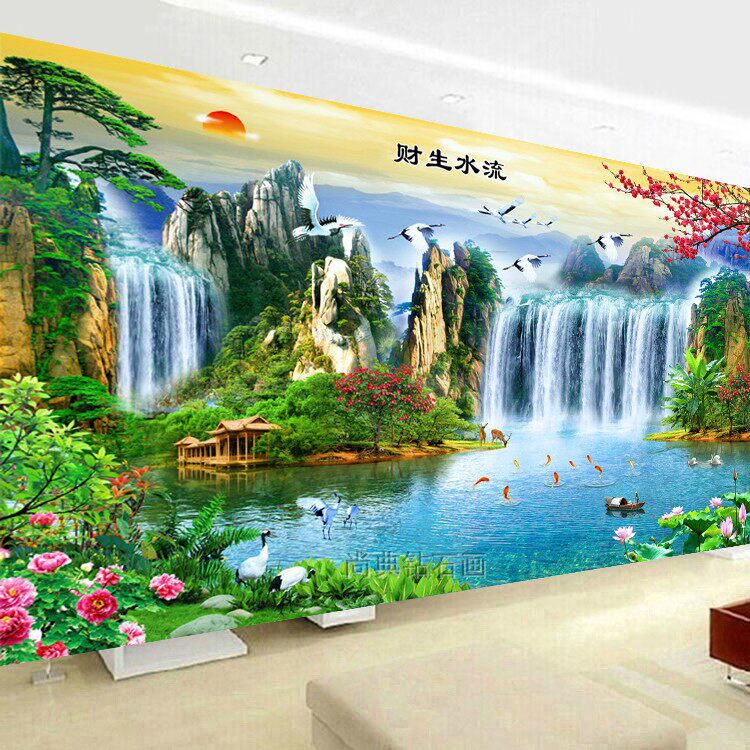 客厅大幅十字绣2018款新方钻钻石画满钻流水生财瀑布财源滚滚风景