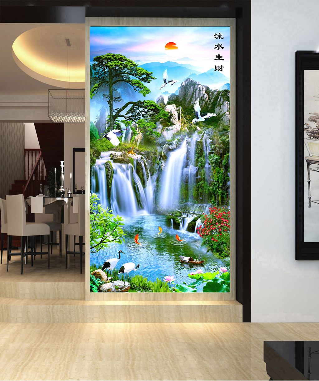 钻石粘贴画十字绣钻石绣2018新款走廊风景画山水流水生财玄关竖版