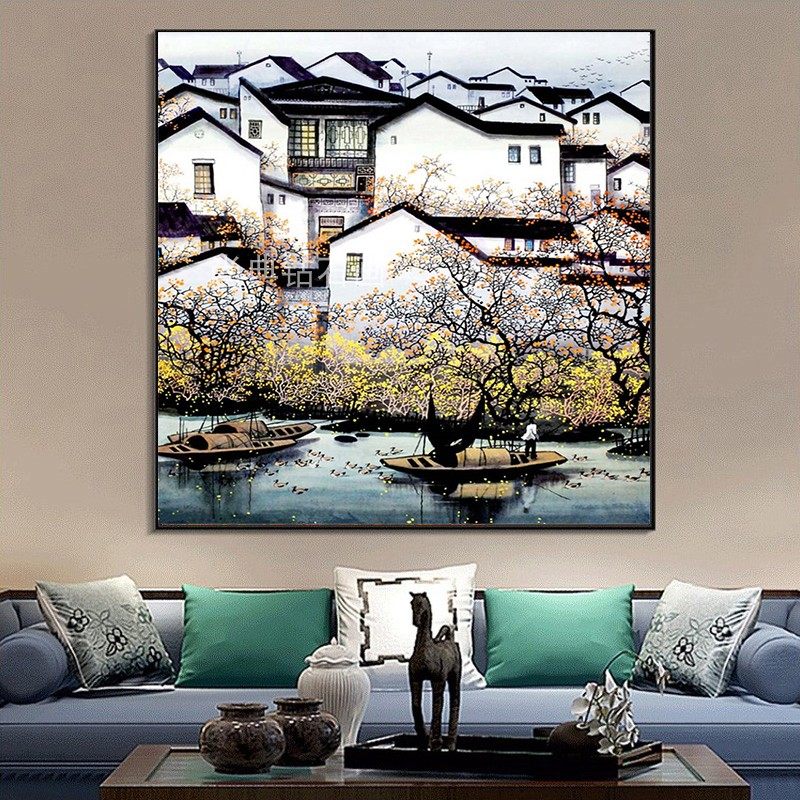 新中式风格餐厅DIY方钻满钻钻石画江南风景徽式建筑贴点钻十字绣,居家布艺,钻石绣,淘宝优惠券,粉丝福利购,淘宝优惠卷