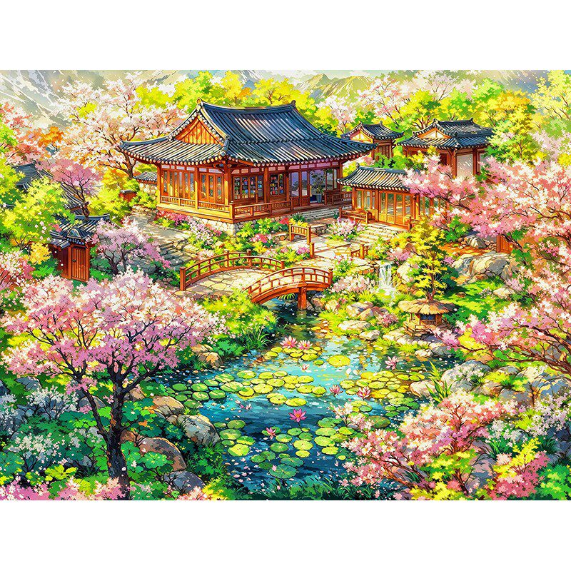 2025新款DIY方钻满贴钻钻石画钻石绣带钻古寺莲花池花园春天风景