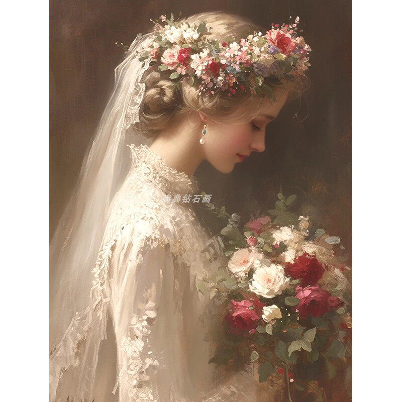 欧式DIY方钻满钻钻石画钻石绣手捧鲜花婚纱美女粘贴钻十字绣带钻