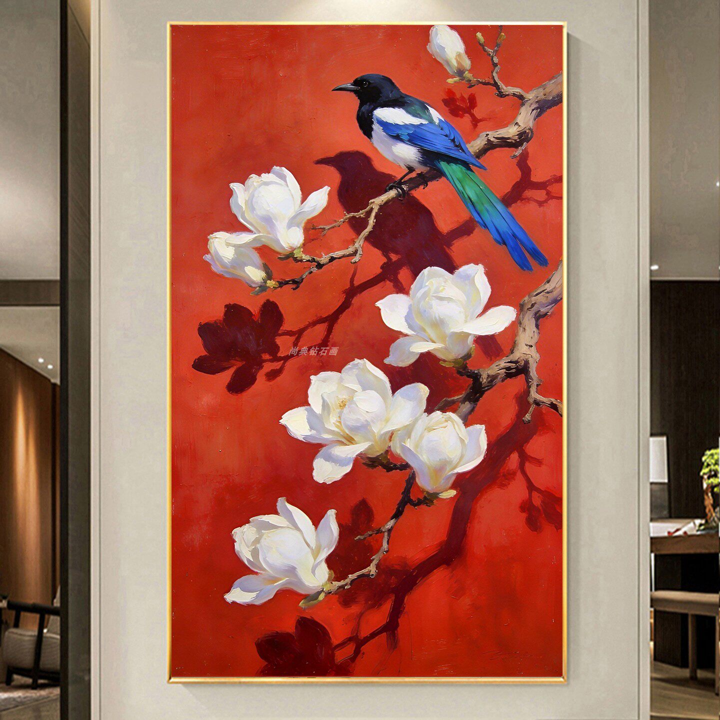 DIY手工贴钻绣树脂方钻满钻钻石画红色宫墙白玉兰花鸟图倒影玄关