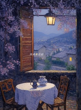 欧式新款DIY粘贴钻方钻满钻钻石画钻石绣紫藤花窗前傍晚风景布桌