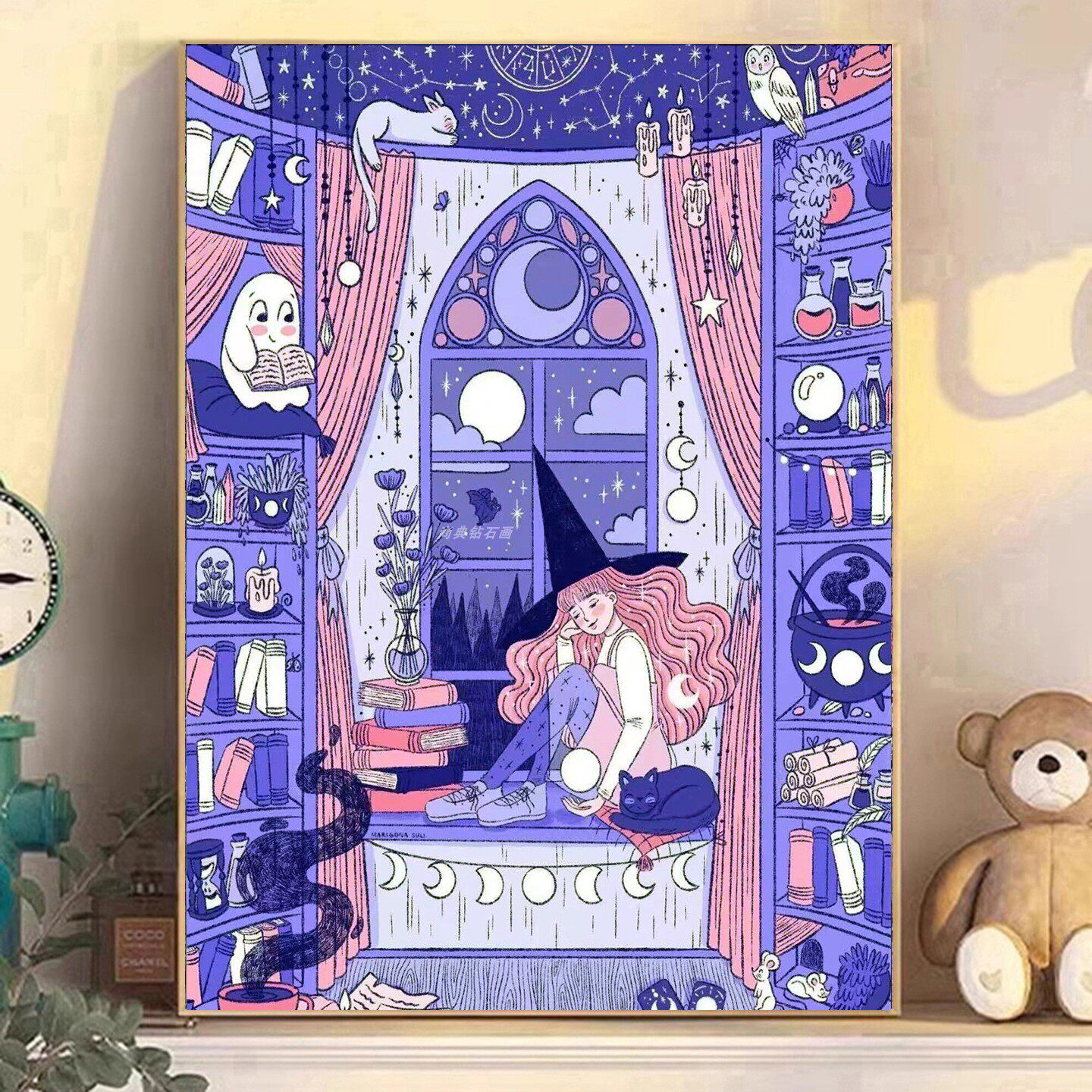 DIY手工贴钻点钻画方钻满钻钻石绣紫色魔法之夜窗台女孩魔女猫咪