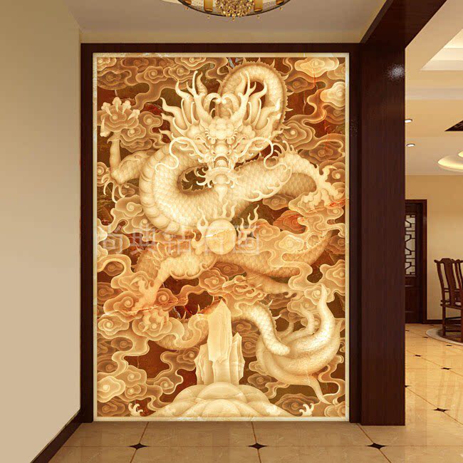 2019新款走廊过道diy方钻满沾贴钻石画十字绣金色玉雕龙玄关竖版