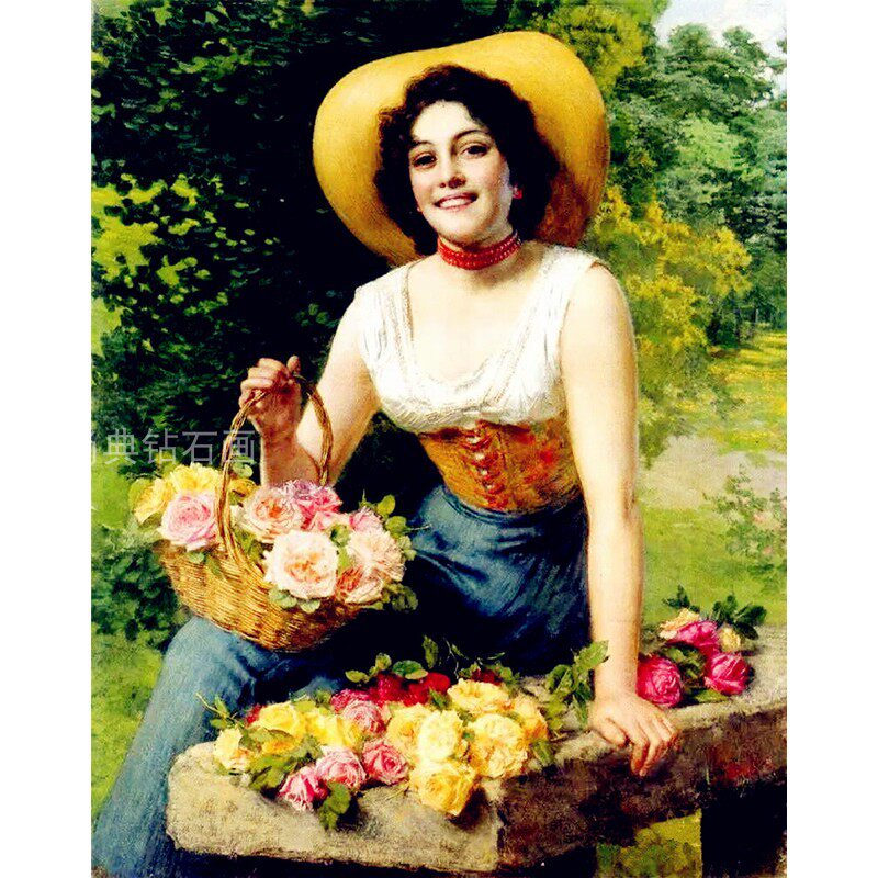 世界名画欧式人物diy方钻满钻钻石画摘花的女人粘贴钻十字绣带钻