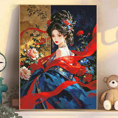 DIY树脂方钻满钻钻石画古风牡丹花美人图手工贴钻钻石绣带钻套件