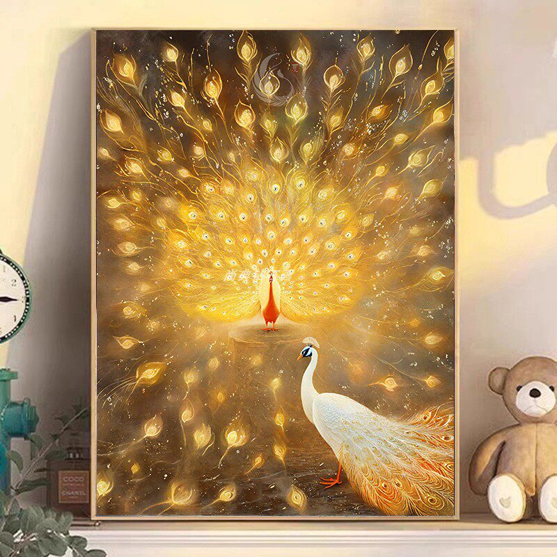 2025新款DIY方钻满钻贴钻钻石画钻石绣带钻金孔雀孔雀开屏白孔雀