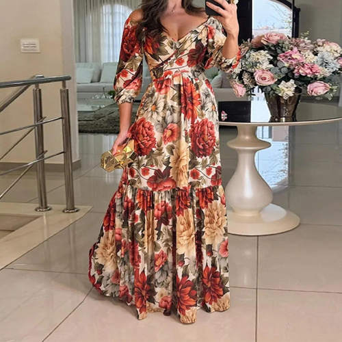 亚马逊欧美女外贸优雅时尚气质印花系带V领大摆连衣裙女五分袖