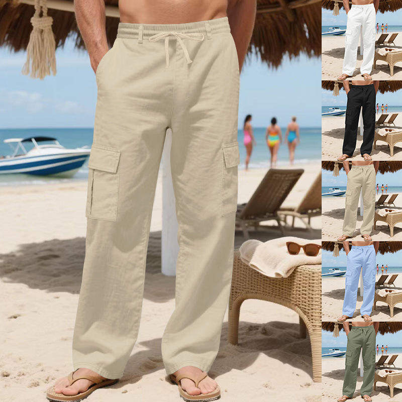 新款跨境男士工装亚麻抽绳多口袋直筒纯色透气户外沙滩休闲长裤男