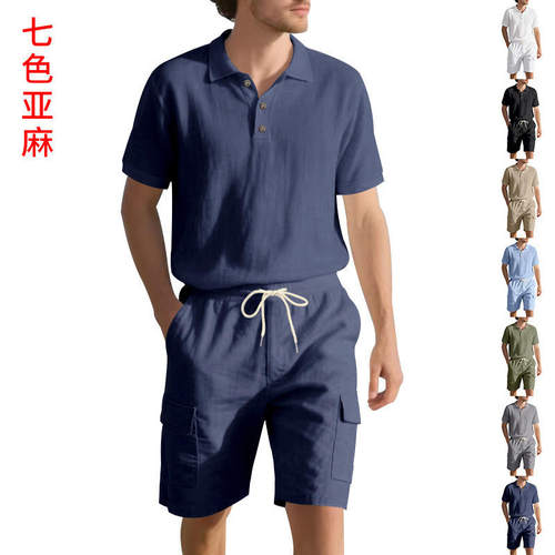跨境欧美男士夏季户外简约亚麻透气宽松POLO短袖工装短裤休闲套装