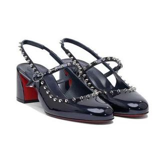 CL红底后空粗跟高跟鞋2025春秋圆头铆钉单鞋女时装凉鞋PU罗马风