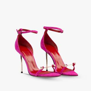 跨境欧美时装 尖头金属扣玫红金色跟走秀高跟鞋 woman heels女 凉鞋