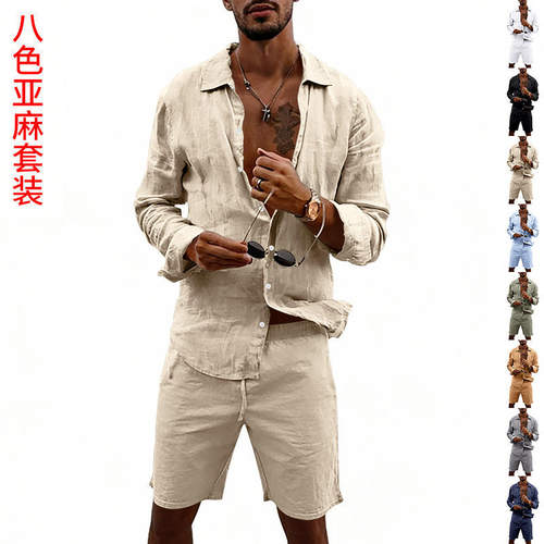 跨境美式夏季男士度假亚麻休闲宽松长袖纽扣开衫衬衫沙滩短裤套装