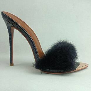 high 跨境时装 凉鞋 欧美金属尖头细跟毛毛外贸女鞋 12cm heels高跟鞋