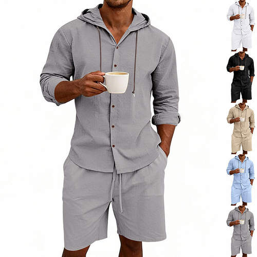 外卖欧美夏季亚麻休闲男士宽松通气度假长袖纯色连帽衬衫短裤套装