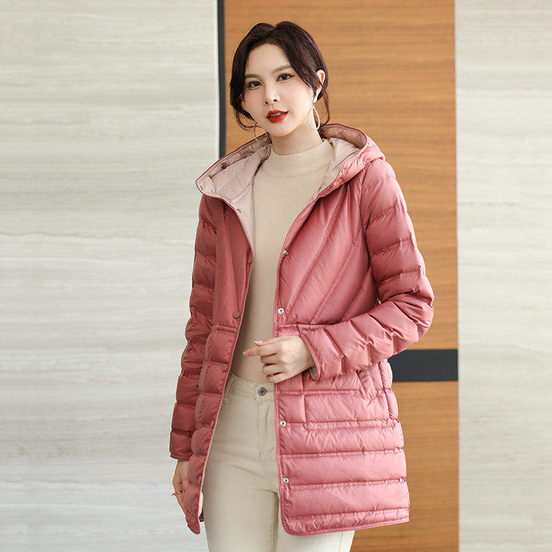 新款秋冬两面穿轻薄羽绒服女连帽中长款气质百搭压胶白鸭绒外套潮