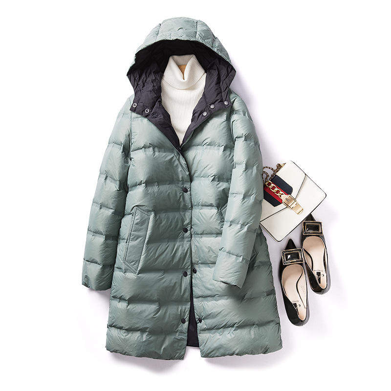 秋冬双面穿连帽羽绒服女中长款时尚压胶轻薄90白鸭绒外套中等