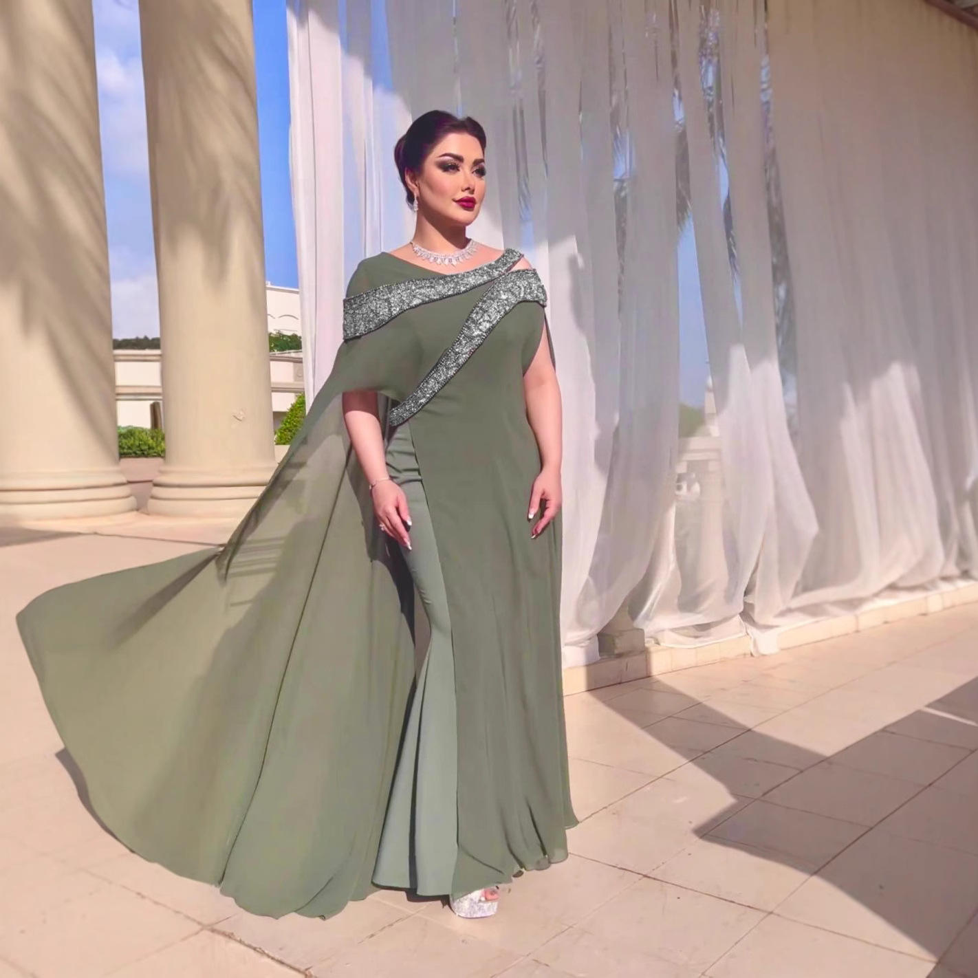 新款2024秋冬外贸女装独立站ebay性感雪纺珠片拼接舞会晚礼服