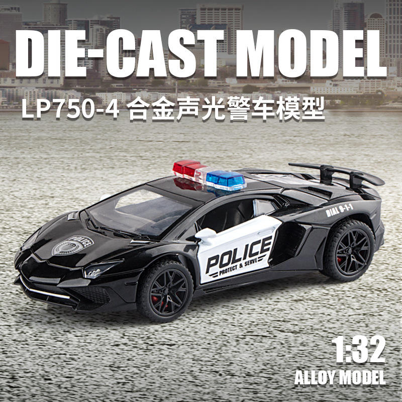 新款 建元1:32兰博750美式警车开门声光合金仿真汽车模型玩具车