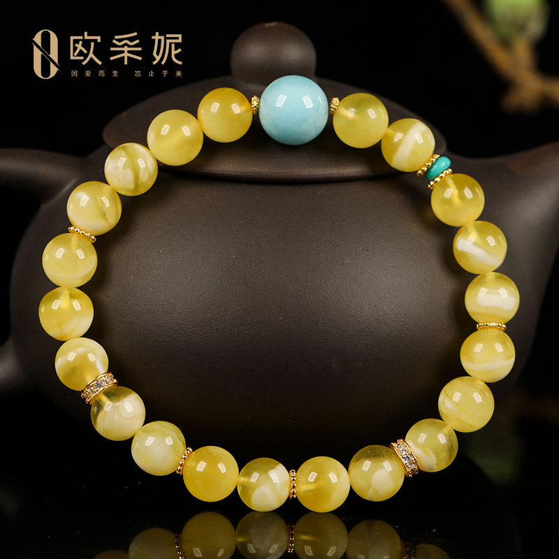 欧采妮蜜蜡手串天然琥珀无优化白妖花圆珠配海纹石文玩手链俄料