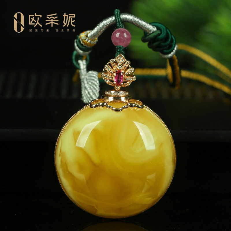 蜜蜡吊坠【珍藏妖花圆牌】天然琥珀18k金镶白花满蜜蜡挂坠俄料