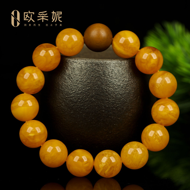 欧采妮蜜蜡手串收藏满蜜鸡油黄琥珀花蜡diy老山檀香佛珠手链男女