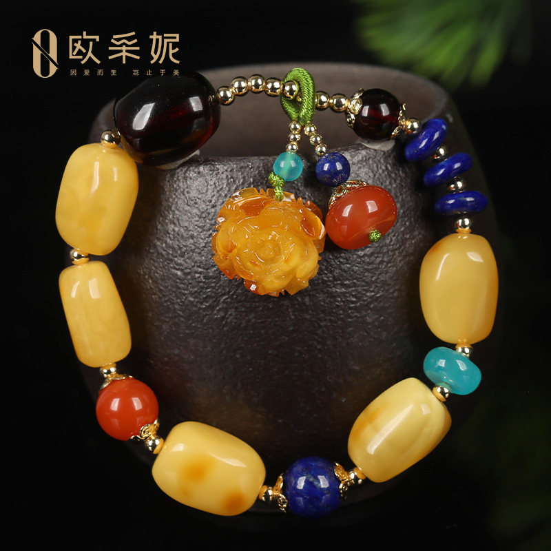 天然蜜蜡多宝手串手链血珀金珀花珀配琥珀玫瑰花挂坠女送老婆礼物