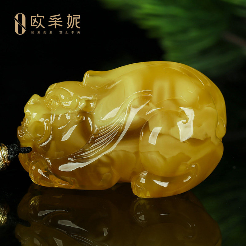 蜜蜡吊坠【珍藏白妖花貔貅】天然琥珀白花蜡新满蜜挂链俄料孤品