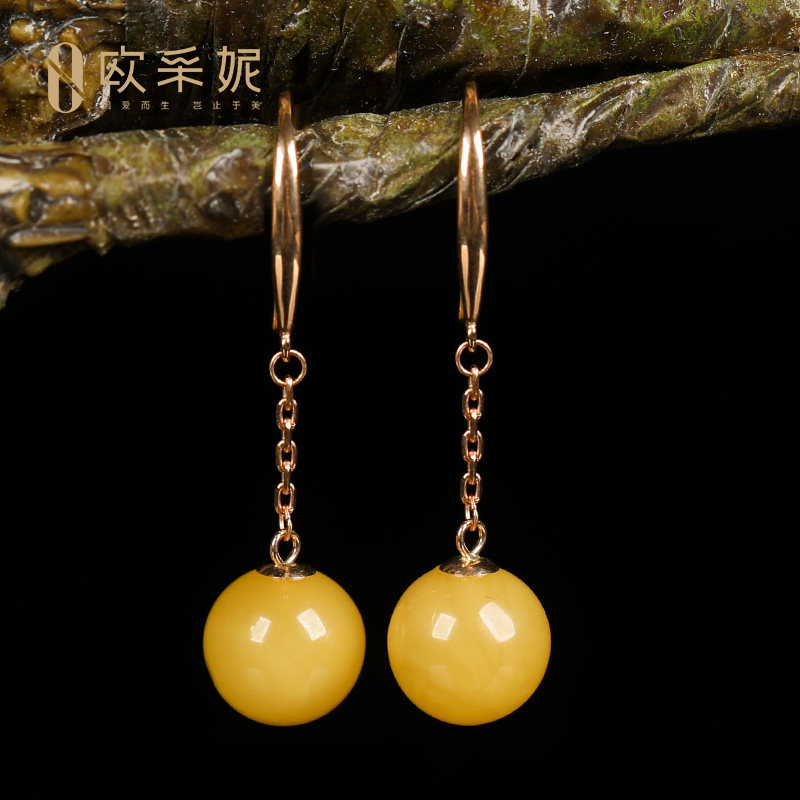 欧采妮蜜蜡耳钉天然原石琥珀18k金镶鸡油黄蜜蜡耳饰满蜜圆珠耳坠