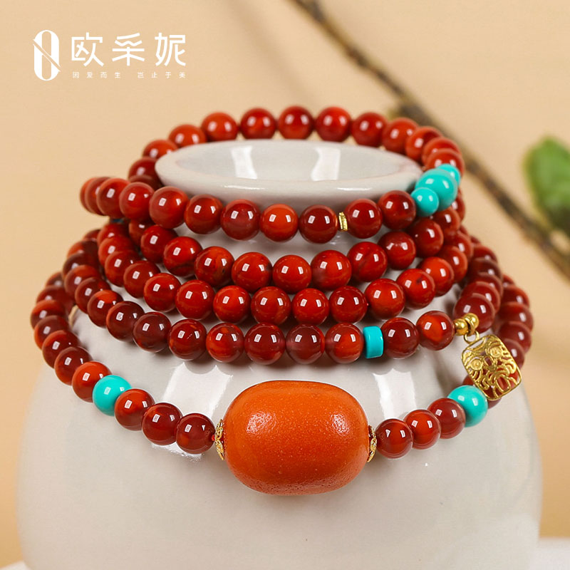 欧采妮南红手串天然凉山18k金牌子牛血红玛瑙蜜蜡绿松diy多圈手链