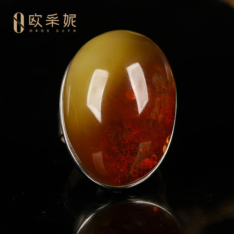 欧采妮天然琥珀蜜蜡S925银戒指