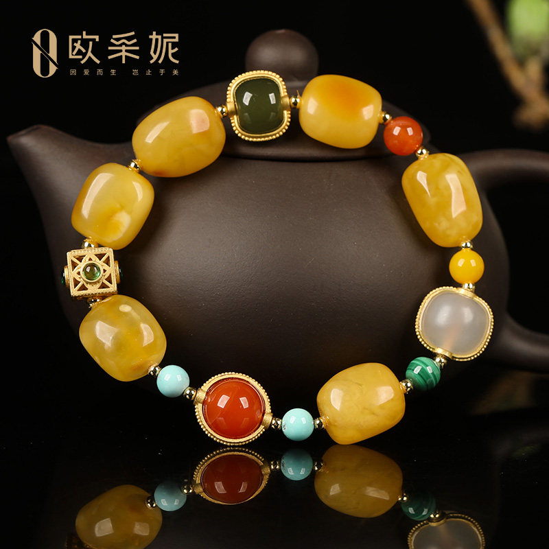 欧采妮蜜蜡手串天然琥珀随型单圈银镶白玉碧玉多宝diy手链送礼物