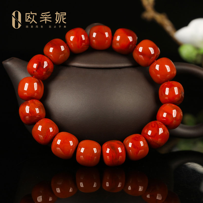 欧采妮南红手串收藏级天然凉山妖花牛血红玛瑙大桶珠手链本命年