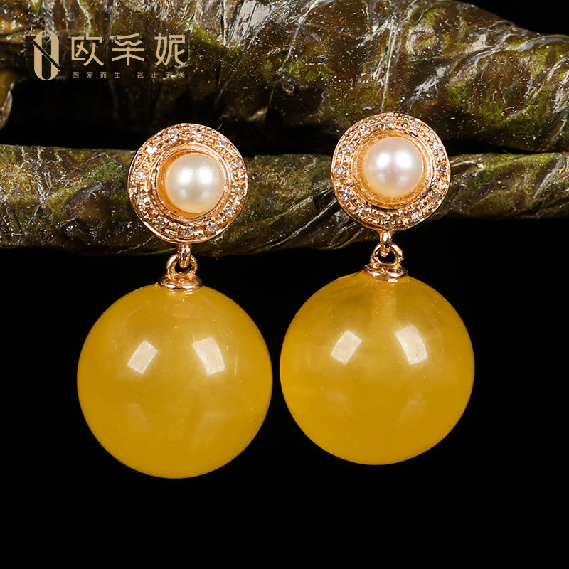 欧采妮天然琥珀耳钉18k金镶嵌鸡油黄蜜蜡耳坠 满蜜圆珠耳饰女礼物