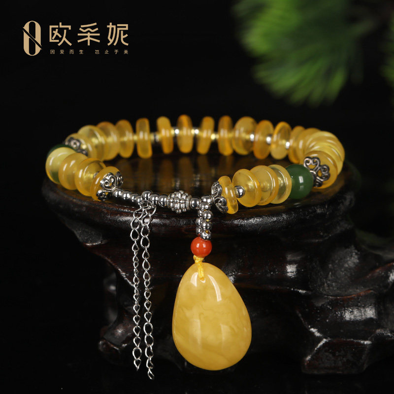 天然蜜蜡手串925银镶嵌琥珀隔珠水滴手链女款定制 现穿现做