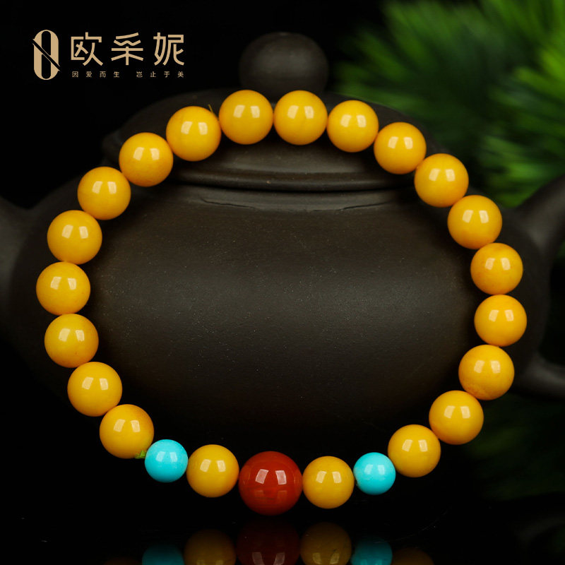 蜜蜡手串天然琥珀原石满蜜鸡油黄老蜜蜡圆珠佛珠南红多宝diy手链