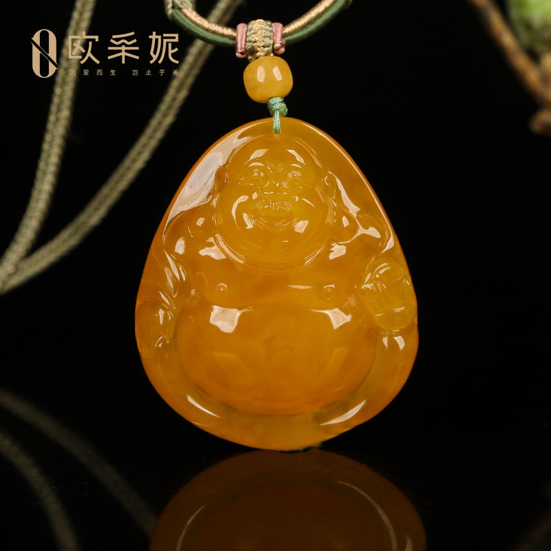 欧采妮天然鸡油黄蜜蜡笑佛吊坠