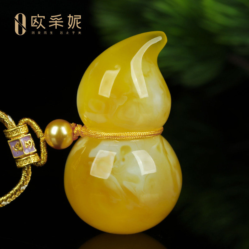 蜜蜡吊坠【珍藏葫芦吊坠】天然原石琥珀白花满蜜挂坠项链孤品俄料